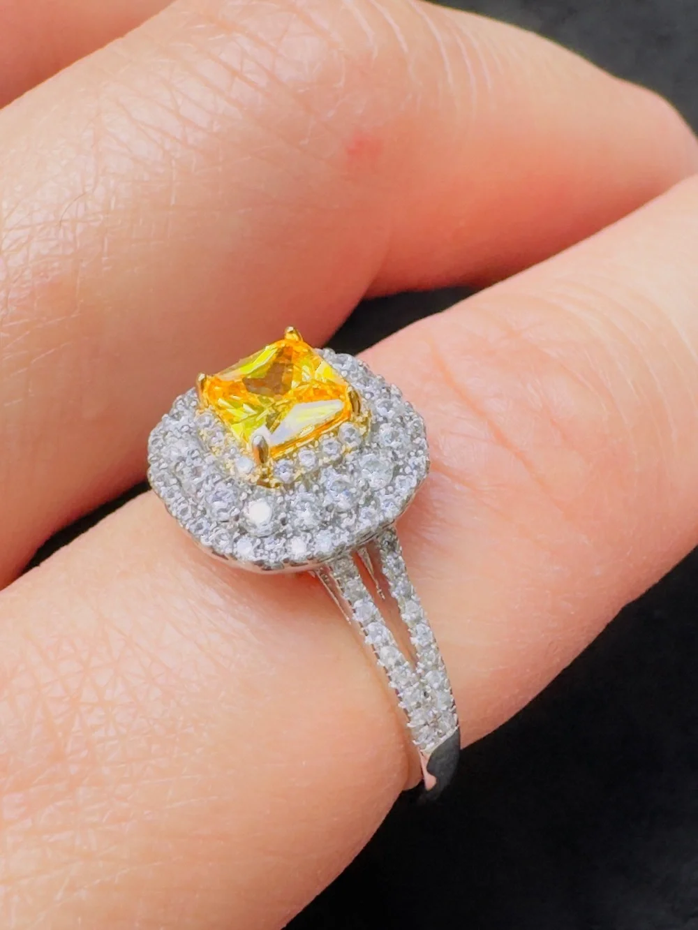 Yellow Square-Cut Halo Ring with Pavé Accents